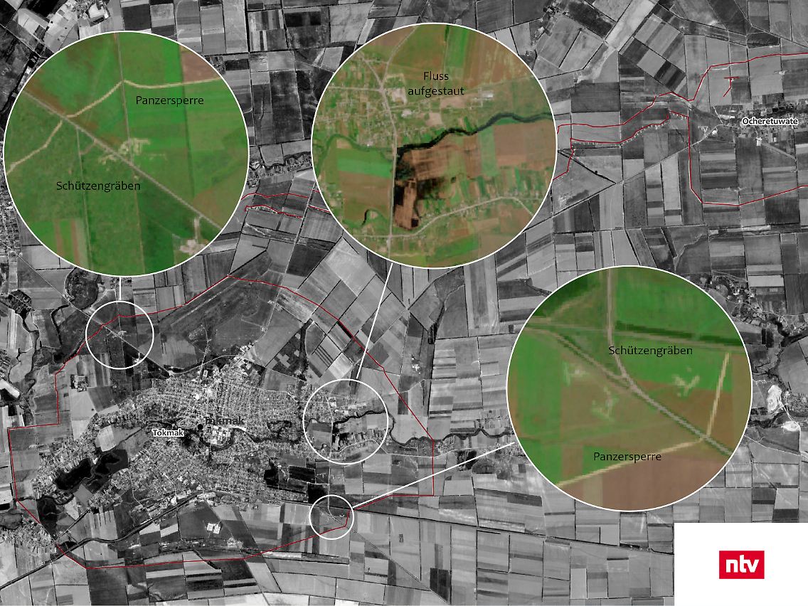 Blick auf Tokmak mit Details im russischen Stellungsbau.