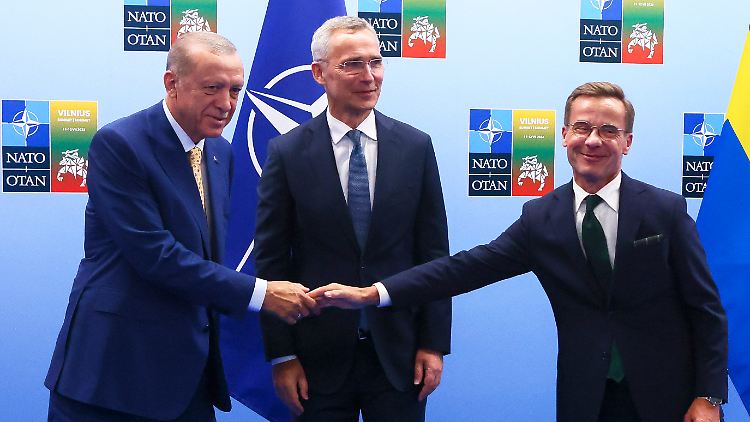 Der türkische Präsident Erdogan (l.) und der schwedische Premier Kristersson (r.) haben gemeinsam mit NATO-Chef Jens Stoltenberg eine Lösung gefunden.