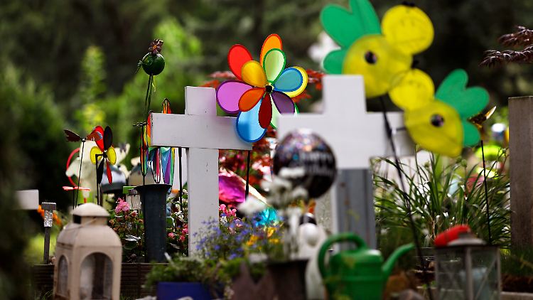 Geschmückte Gräber für Sternenkinder, Kleinkinder und Frühgeburten auf einem Kölner Friedhof. 