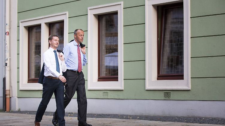 Kretschmer und Merz bei einem Termin in Görlitz. 