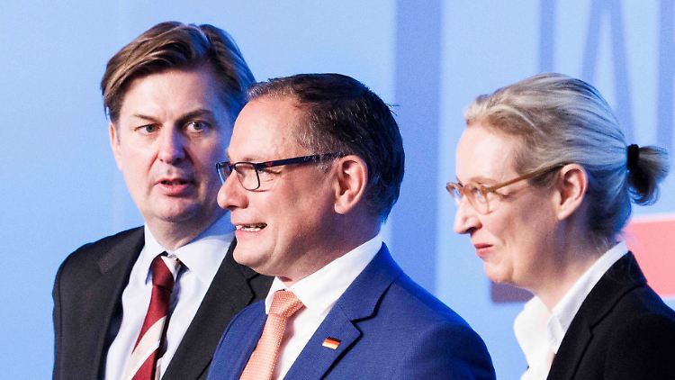Krah (l.) beschert den AfD-Parteichefs Chrupalla und Weidel wieder einmal eine Strategiediskussion.