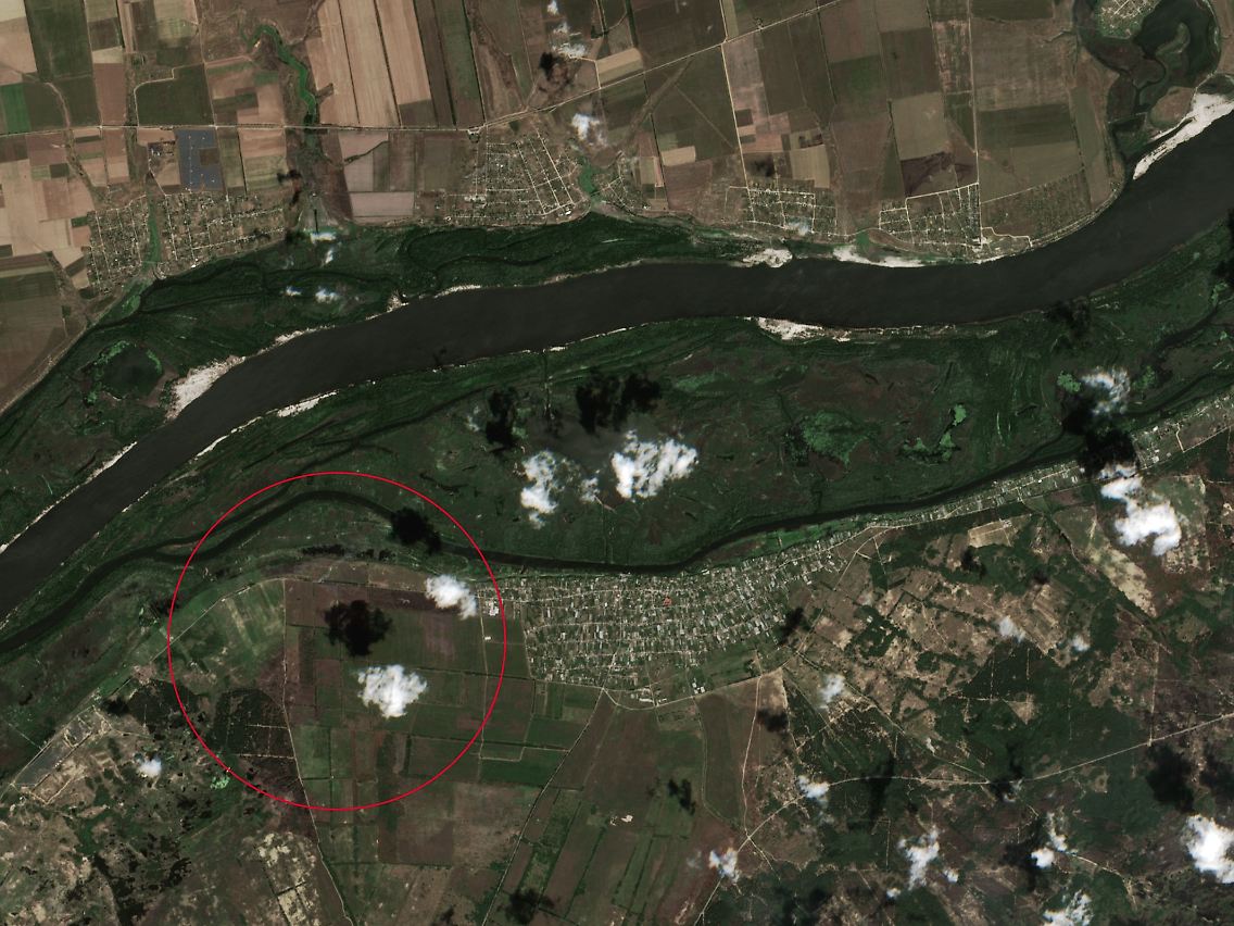 Schauplatz der Gefechte bei Kosatschi Laheri am Unterlauf des Dnipro: Satellitenaufnahme vom 7. August 2023
