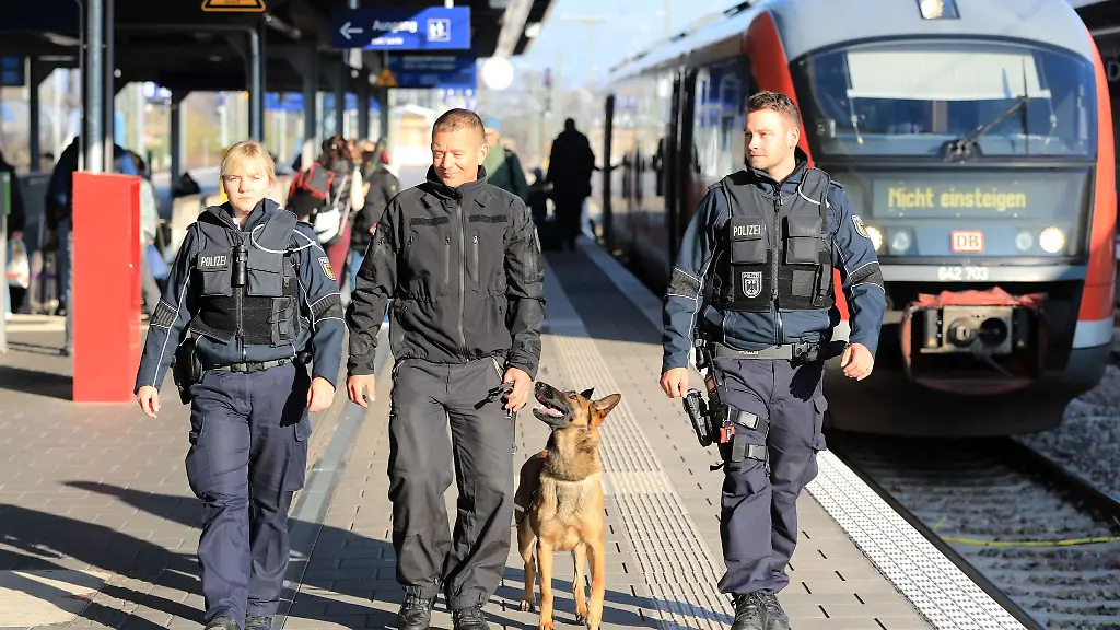 Hundefuehrer-Sven-Scharfenberger-geht-mit-seinem-belgischen-Schaeferhund-Lotte-auf-dem-Magdeburger-Hauptbahnhof-Streife