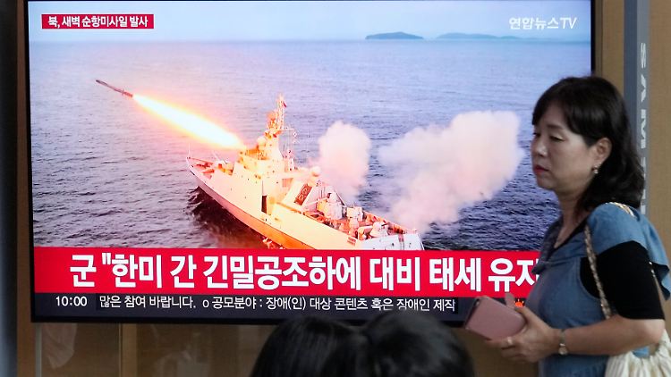 Ein Fernsehbildschirm zeigt das Archivbild eines nordkoreanischen Raketenstarts während einer Nachrichtensendung im Seouler Bahnhof, die über die jüngsten Marschflugkörper-Tests berichtet.
