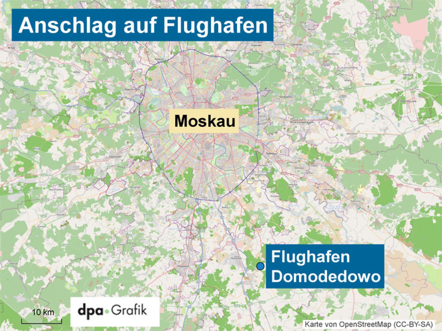 Am internationalen Flughafen  Moskau-Domodedowo ereignet sich ein schwerer Anschlag.