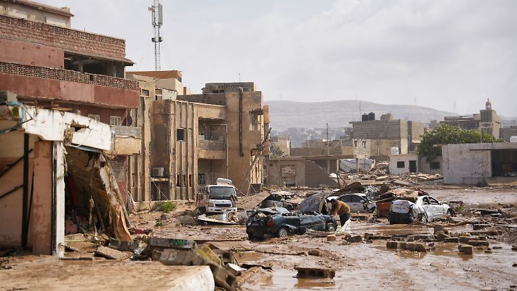 Ein vom Unwetter zerstörtes Gebiet in  Derna (Libyen).