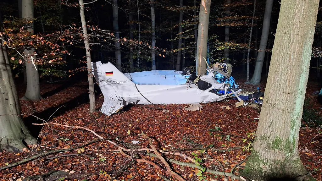 Das-Wrack-eines-Kleinflugzeugs-liegt-nach-einem-Absturz-in-einem-Wald-in-der-Naehe-des-Flugplatzes-Schwarze-Heide