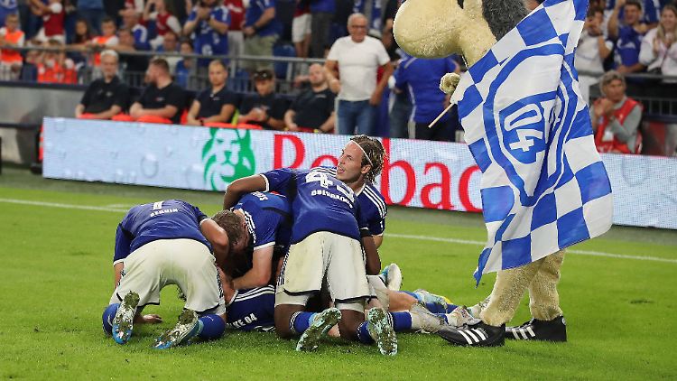Die Spieler vom FC Schalke 04 freuen sich über das Tor zum 4:3 durch Sebastian Polter.