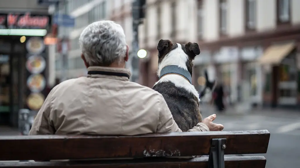 Ein-aelterer-Herr-und-sein-Hund-sitzen-auf-einer-Bank
