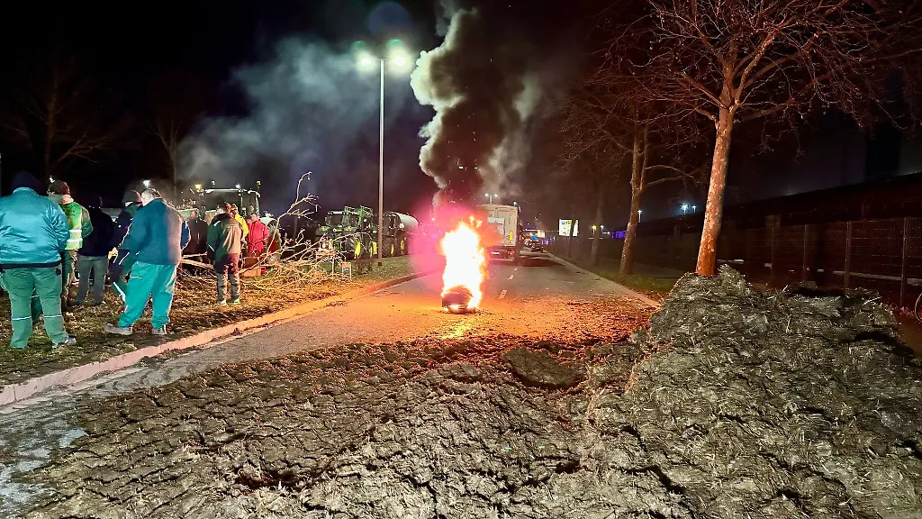 Landwirte-blockieren-mit-Mist-und-brennenden-Reifen-eine-Strasse-bei-Magdeburg