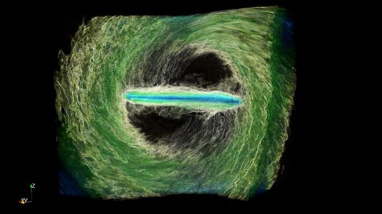 Das Computerbild zeigt, wie die Akkretionsscheibe eines supermassiven Schwarzen Lochs in zwei Teilscheiben zerreißen kann.