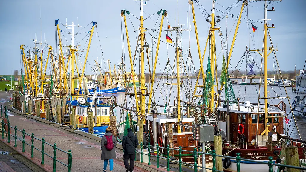 Touristen-spazieren-an-Booten-entlang-die-im-Krabbenkutterhafen-von-Greetsiel-liegen