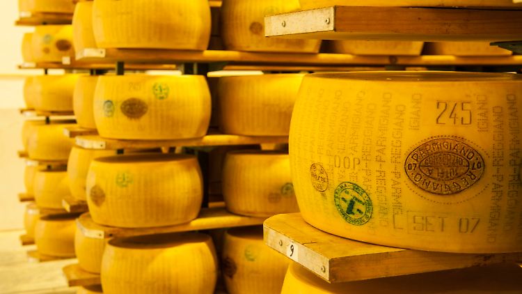 Echten Parmigiano Reggiano erkennt man unter anderem am Brandzeichen, dem charakteristischen gepunkteten Schriftzug und einer fortlaufenden Nummer für jeden Käselaib.