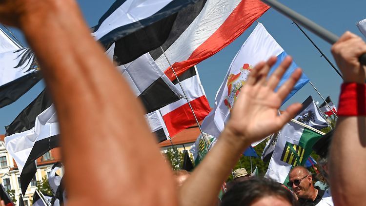 Die Reichsbürger-Szene ist nicht nur in Süddeutschland aktiv. Reichsflaggen werden im Oktober 2023 auf dem Domplatz in Magdeburg zur Reichsbürgerkundgebung hochgehalten.