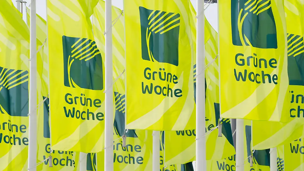 Die-Flaggen-der-Gruenen-Woche-wehen-am-Eingang-des-Messegelaendes