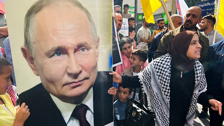 Palästinenser halten auf einer Demonstration im Westjordanland zur Unterstützung des Gazastreifens ein Bild des russischen Präsidenten Putin. 