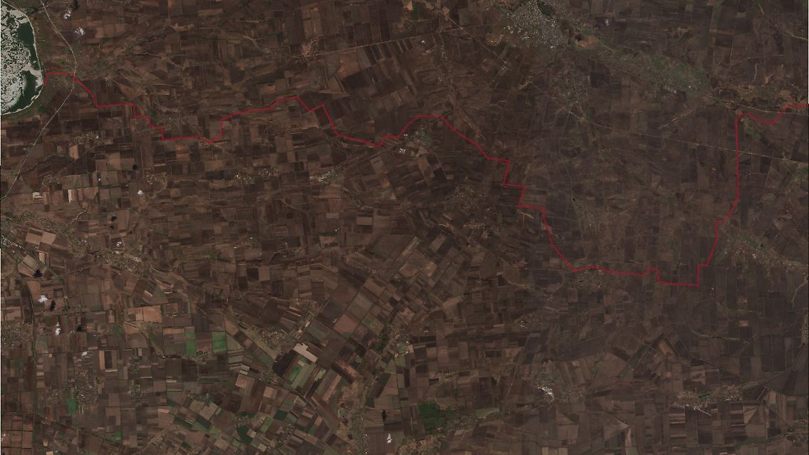 Satellitenfoto mit eingezeichneter Frontlinie: Die Lage bei Robotyne im Oktober 2023.