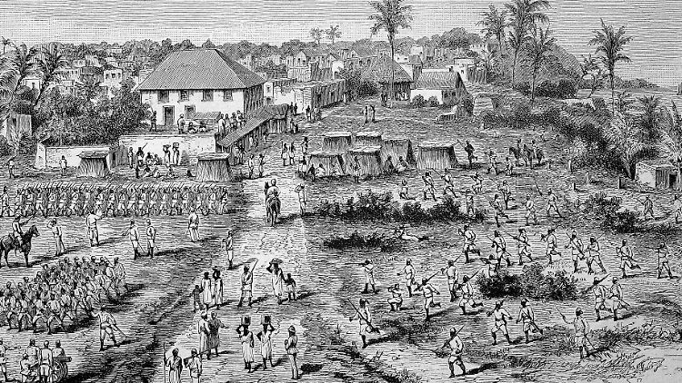 Historische Illustration aus dem Jahr 1880 von Bagamoyo, der ersten Hauptstadt von Deutsch-Ostafrika im heutigen Tansania.