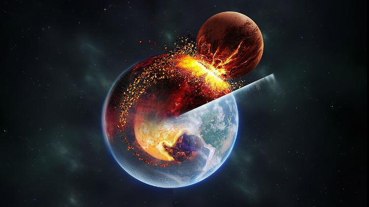 Beim Zusammenstoß mit der Erde vor 4,5 Milliarden Jahren könnten Reste des Protoplaneten Theia in den Erdmantel gedrungen sein.