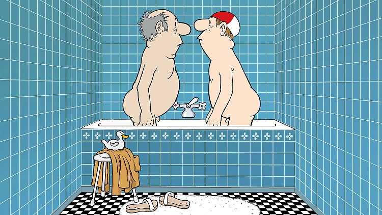Paradesketch von Loriot: Dr. Klöbner (l.) und Müller-Lüdenscheidt in der Wanne.
