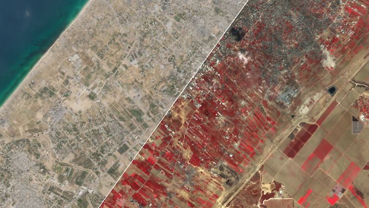 Zwei Satellitenaufnahmen des europäischen Erdbeobachtungssystems Copernicus vom Gazastreifen vom 1. November 2023 nebeneinander: In der rotstichigen Falschfarbenaufnahme treten die Spuren, die israelische Kampffahrzeuge hinterlassen haben, deutlich hervor.