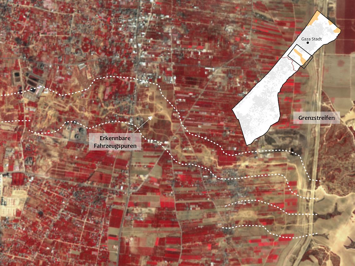 Aufnahmen eines Copernicus Sentinel-2-Satelliten vom 1. November 2023 zeigen Fahrzeugspuren im Gazastreifen, wo die israelische Armee vorgerückt ist, um Gaza-Stadt zu umzingeln.