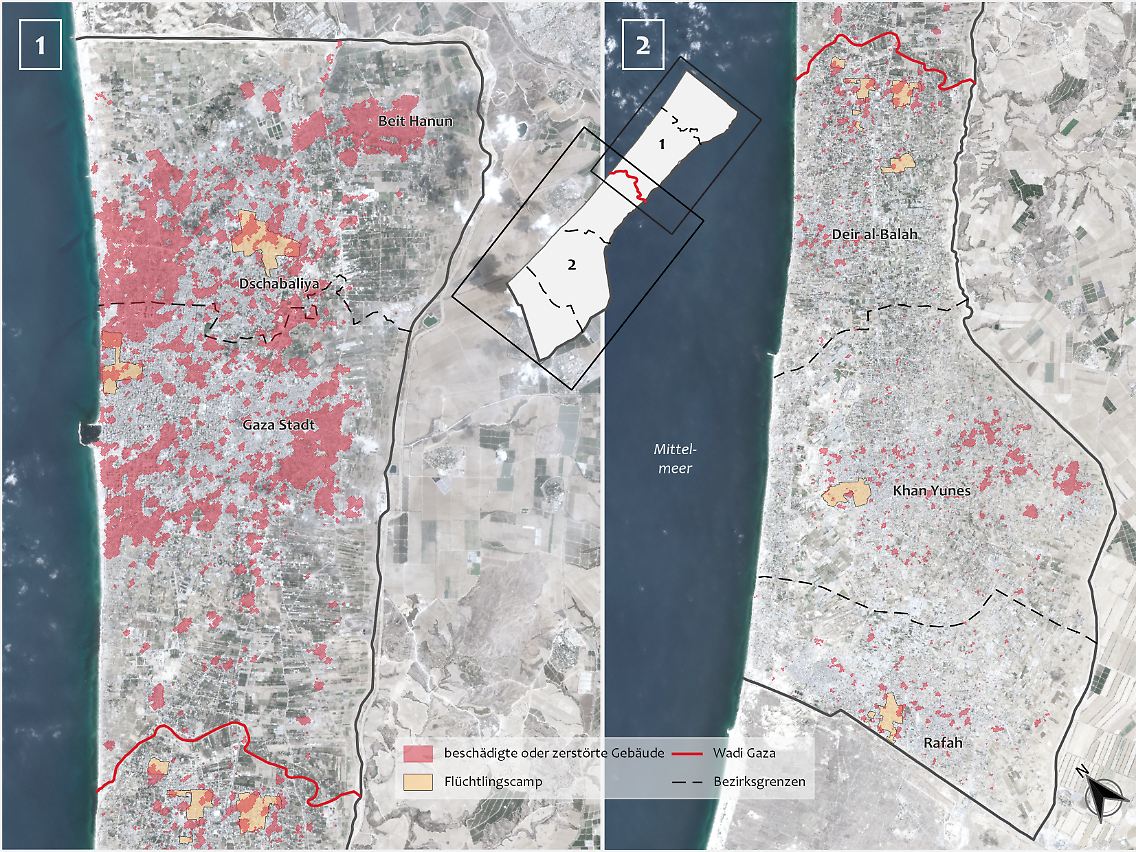 Schadensanalyse im Gazastreifen anhand von Copernicus Sentinel-1-Satellitendaten von Corey Scher (CUNY Graduate Center) und Jamon Van Den Hoek (Oregon State University) mit Daten vom 7. Oktober bis 5. November 2023.