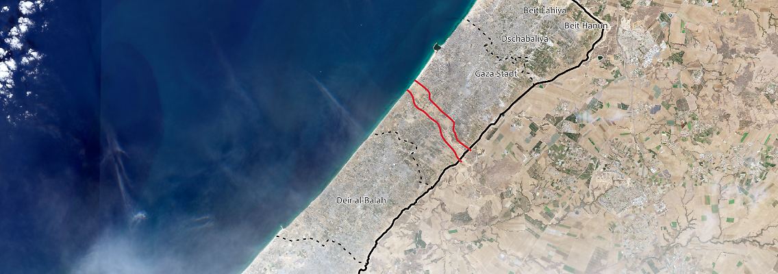 Ein Sentinel-2-Satellitenbild des europäischen Raumfahrtprogramms Copernicus vom 11.11.2023 belegt die Zweiteilung des Gazastreifens durch die israelische Armee.