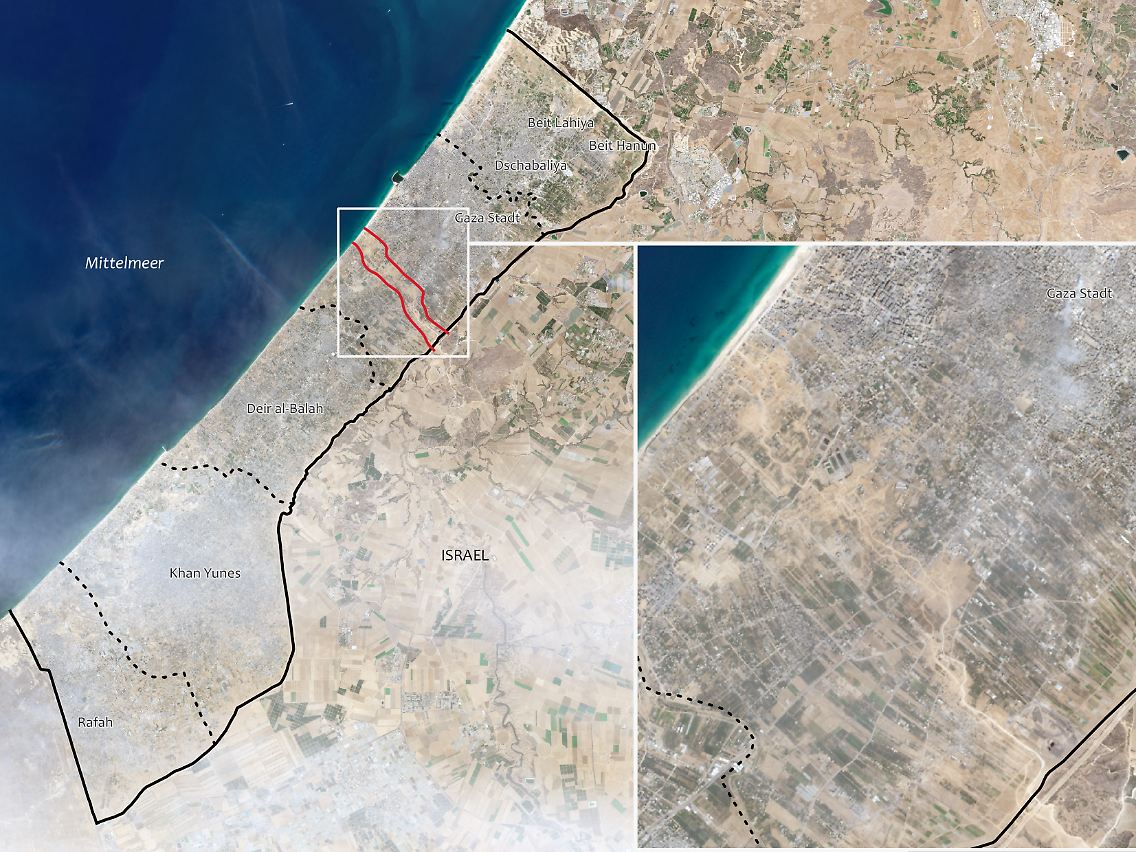 Ein Sentinel-2-Satellitenbild des europäischen Raumfahrtprogramms Copernicus vom 11.11.2023 belegt die Zweiteilung des Gazastreifens durch die israelische Armee.