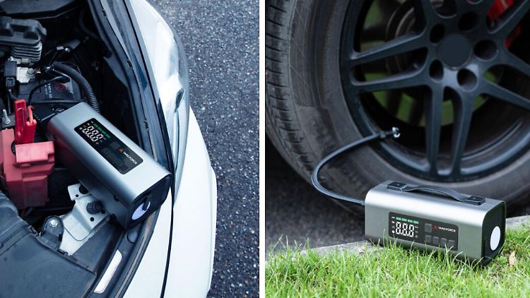Ein Multifunktions-Kompressor kann nicht nur Reifen aufpumpen, sondern im Notfall der Batterie auch Starthilfe geben.