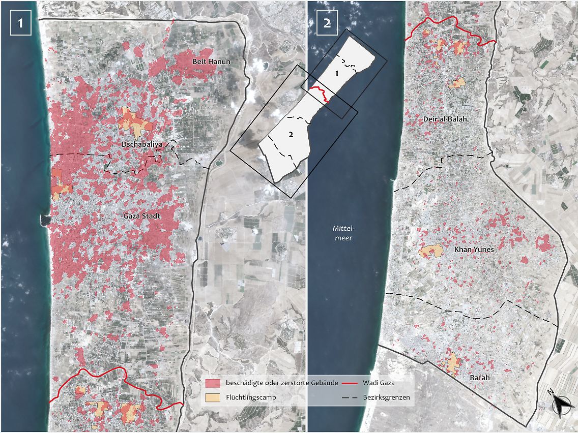 Schadensanalyse im Gazastreifen anhand von Copernicus Sentinel-1-Satellitendaten von Corey Scher (CUNY Graduate Center) und Jamon Van Den Hoek (Oregon State University) mit Daten vom 7. Oktober bis 10. November 2023.