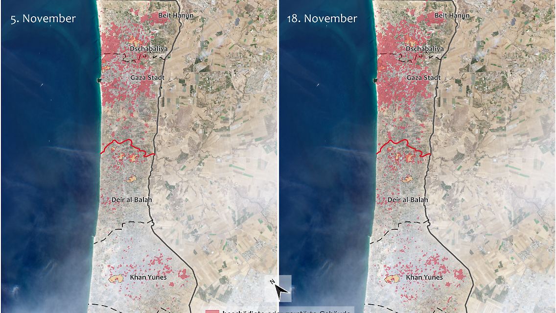 Schadensanalyse im Gazastreifen anhand von Copernicus Sentinel-1-Satellitendaten von Corey Scher (CUNY Graduate Center) und Jamon Van Den Hoek (Oregon State University) mit Daten vom 7. Oktober bis 18. November 2023.