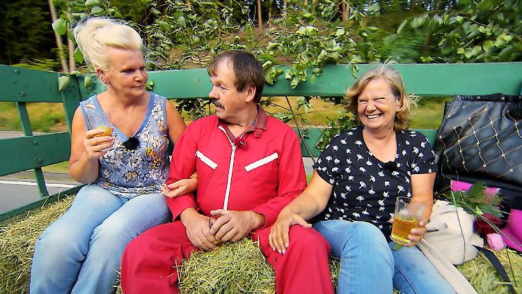 Der Bullenzüchter ist Hahn im Korb: Bauer Siegfried mit seinen beiden Auserwählten auf der Fahrt zum Hof.