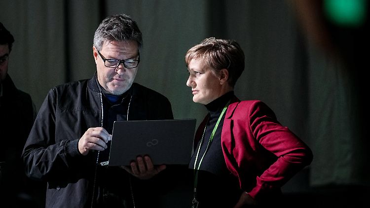 Brüskiert: Habeck und Brantner auf dem Parteitag in Karlsruhe.