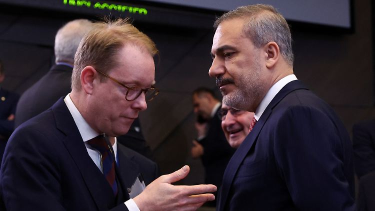 Schwedens Außenminister Billström (l.) spricht beim NATO-Treffen in Brüssel mit dem türkischen Außenminister Fidan. 