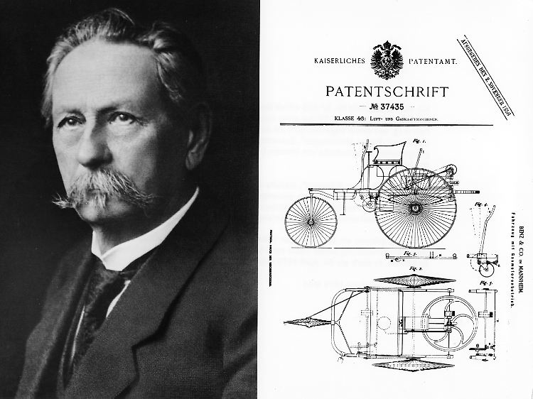 Porträt von Carl Benz und eine Kopie des Patents für das erste von einem Gasverbrennungsmotor angetriebene Auto der Welt, ein dreirädriges Fahrzeug namens "Velociped", das am 29. Januar 1886 für Benz' Erfindung erteilt wurde.