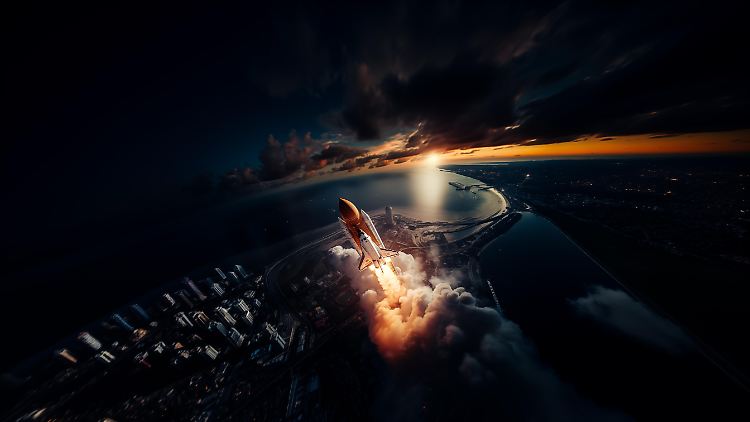 Fast romantisch:  Der Start eines Raketentransporters bei Sonnenaufgang über einer Meeresküste.