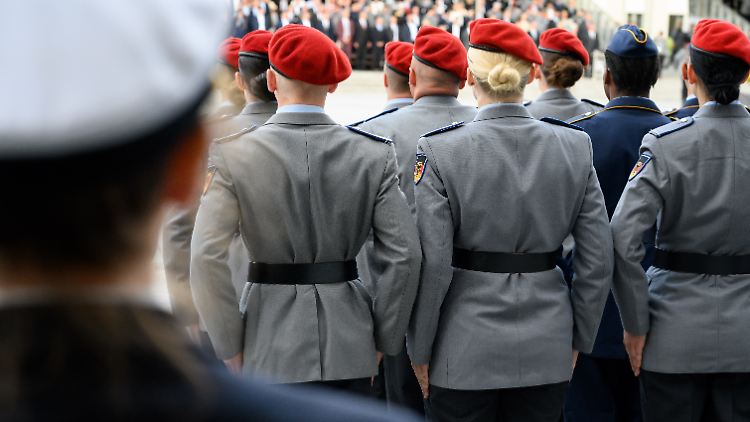 Junge Soldatinnen und Soldaten bei einem feierlichen Gelöbnis auf dem Paradeplatz des Verteidigungsministeriums.
