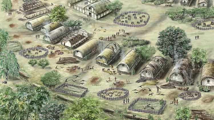 Die Zeichnung eines kleinen Teils der Megasiedlung  Maidanetske zeigt Häuser in konzentrischen Ringen und eingezäunte Tiere.