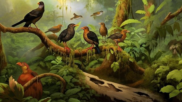 KI-generiertes Bild, wie einige der unbekannten ausgestorbenen Vögel ausgesehen haben könnten.