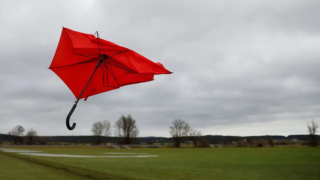 Ein-kaputter-Regenschirm-fliegt-im-Wind-von-Sturmtief-Zoltan-ueber-eine-Wiese