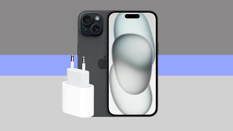 Gibt es bei o2 im günstigen Bundle: das iPhone 15 samt Ladegerät.