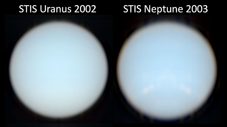 HST/STIS-Bilder von Uranus und Neptun aus den Jahren 2002 beziehungsweise 2003, die von den Autoren  der Studie farbgetreu nachbearbeitet wurden.