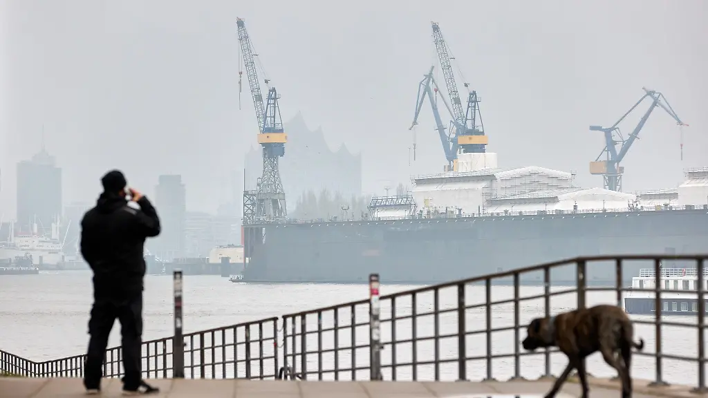 Ein-Mann-geht-bei-trueben-Wetter-mit-seinem-Hund-am-Holzhafen-gassi-und-telefoniert-dabei
