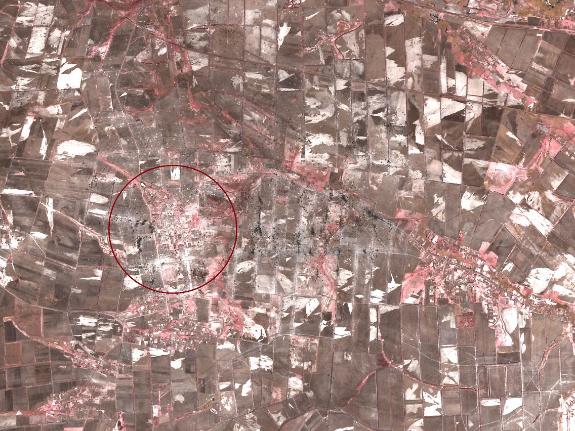 Brennpunkt im Süden der Ukraine: Blick auf Robotyne (roter Kreis) in einer Falschfarbenaufnahme aus dem Januar 2024.