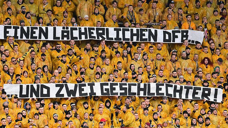 24. Spieltag, FC Ingolstadt gegen Dynamo Dresden: Banner im Fanblock der Dresdner "ES GIBT NUR EINEN LÄCHERLICHEN DFB ... UND ZWEI GESCHLECHTER".