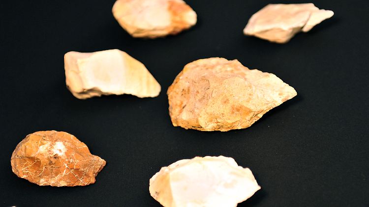 Faustkeile, die zwischen 100.000 und 125.000 Jahre alt sind. Ausgegraben wurden die Stücke am Jebel Faya in den Vereinigten Arabischen Emiraten.
