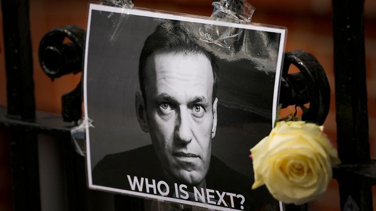 Eine Blume und ein Bild sind in Gedenken an den verstorbenen Kremlgegner Alexej Nawalny in der Nähe einer russischen Botschaft angbracht.