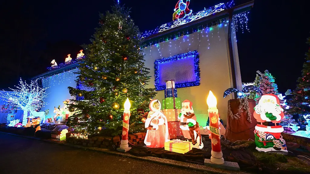 Besucher-sehen-sich-beleuchtete-Figuren-und-Lichter-an-einem-privaten-Weihnachtshaus-an