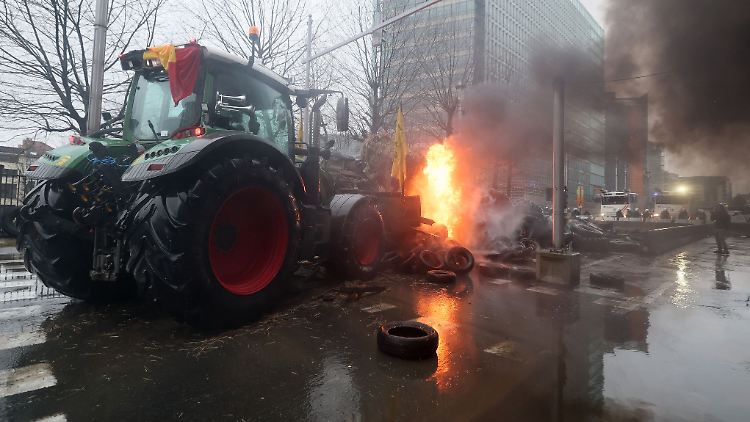 In Brüssel protestieren Landwirte im Europaviertel vor dem Treffen der Agrarminister und -ministerinnen.